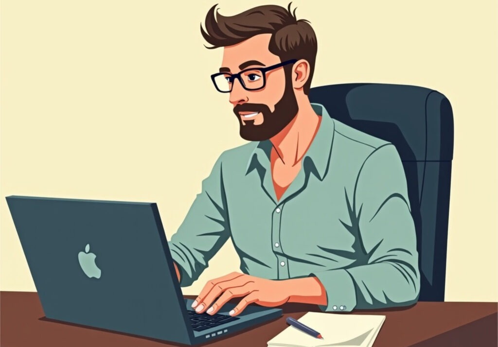 A person with glasses and a beard sits at a desk, typing on a laptop. There is a notepad and a pen on the desk beside the laptop, possibly outlining tips for mastering cold email. The person is wearing a light-colored shirt and is seated in an office chair.