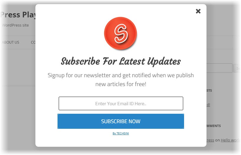 A pop-up window on a website shows a red circular logo with a white "S" at the top, followed by text "Subscribe For Latest Updates," prompting users to sign up for a newsletter. There is a text field for email entry and a blue "Subscribe Now" button at the bottom.