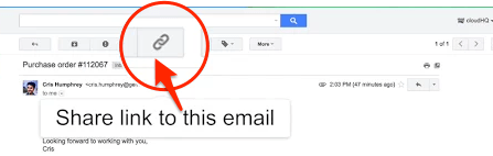 A screenshot of an email interface highlights the link-sharing icon with a red circle and arrow. Text reads, "Share link to this email." The email displayed is a purchase order with the subject "Purchase order #112567". Ideal for those looking to build an efficient email list from scratch.